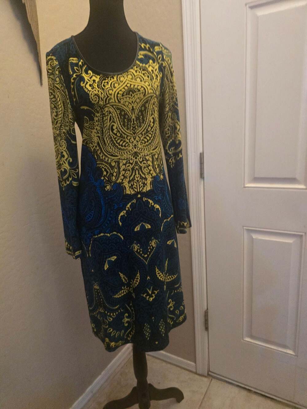 Spense‎ Women's 8P Petite Paisley Medallion Long Sleeve Midi Dress Blue Boho